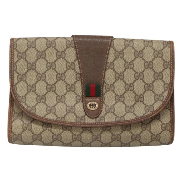 GUCCI GG Supreme Web Sherry Line Clutch Bag PVC Beige Gold 89 01 030 Auth 126165 - Picture 1 of 16